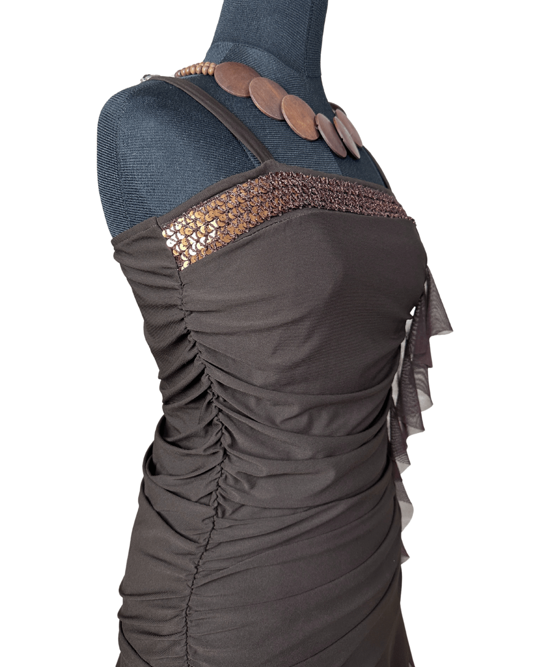 Ruched Brown Midi Dress with Sequin Trim & Ruffle Side Detail - Funkify