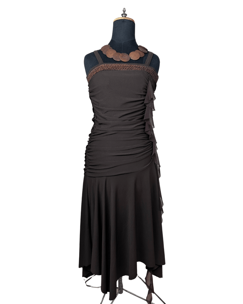Ruched Brown Midi Dress with Sequin Trim & Ruffle Side Detail - Funkify