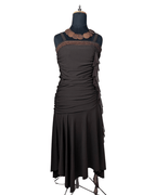 Ruched Brown Midi Dress with Sequin Trim & Ruffle Side Detail - Funkify