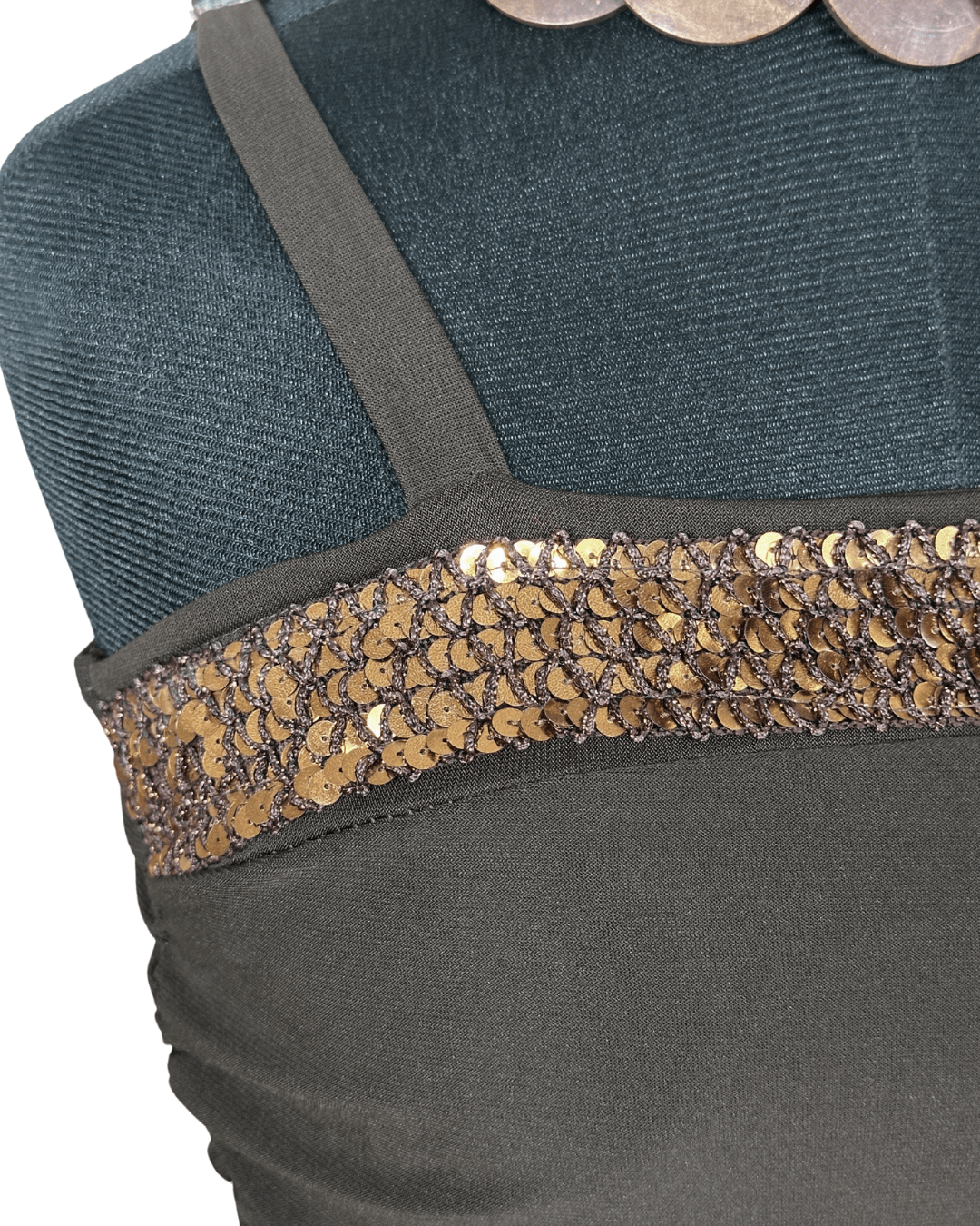 Ruched Brown Midi Dress with Sequin Trim & Ruffle Side Detail - Funkify