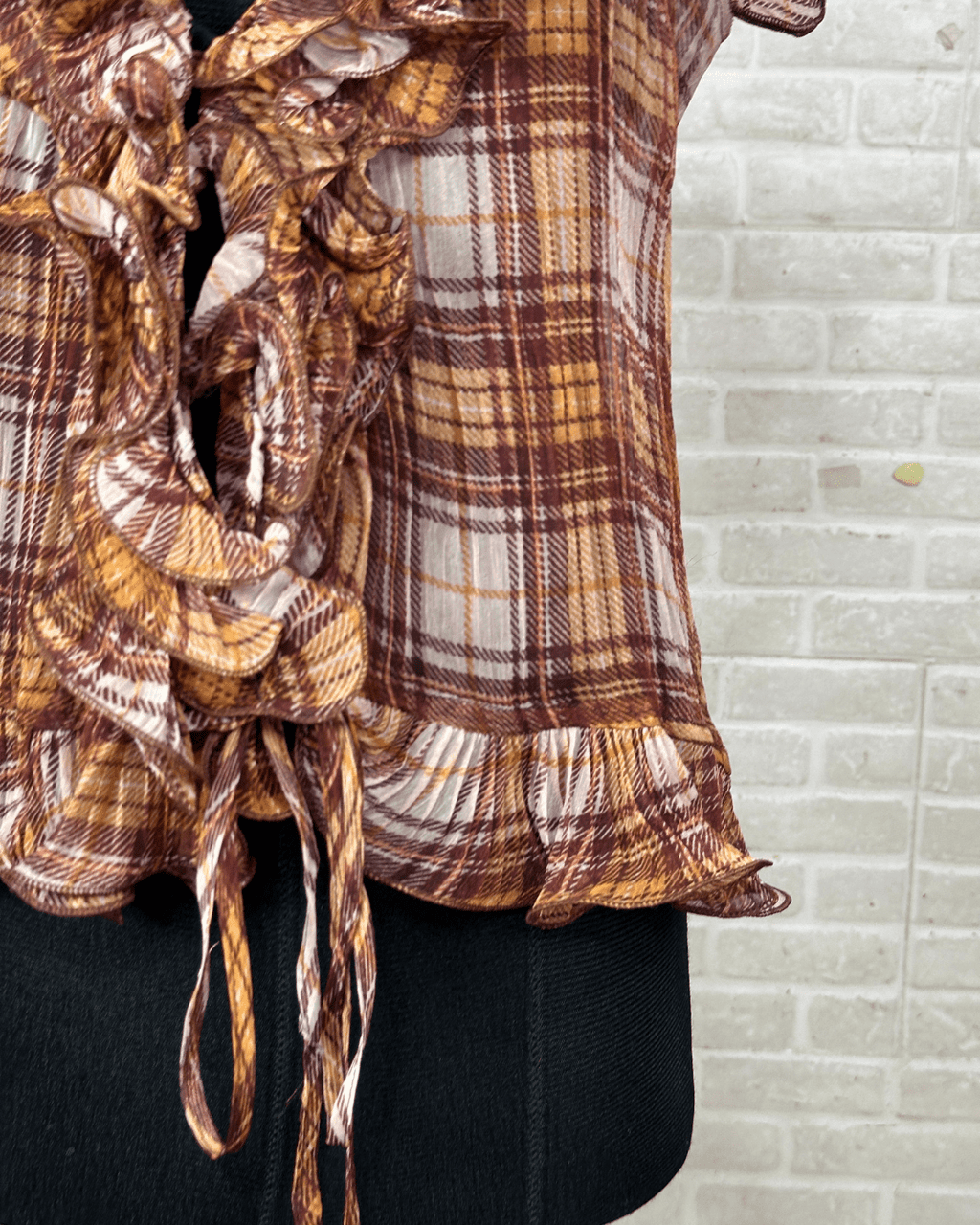 Ruffle Front Plaid Sheer Blouse - Funkify