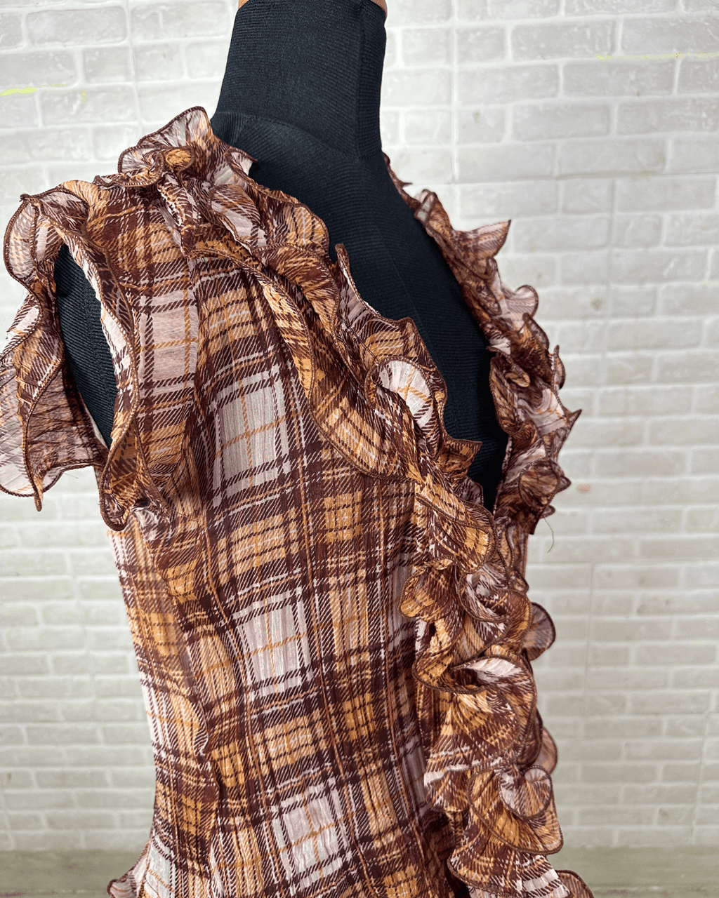 Ruffle Front Plaid Sheer Blouse - Funkify