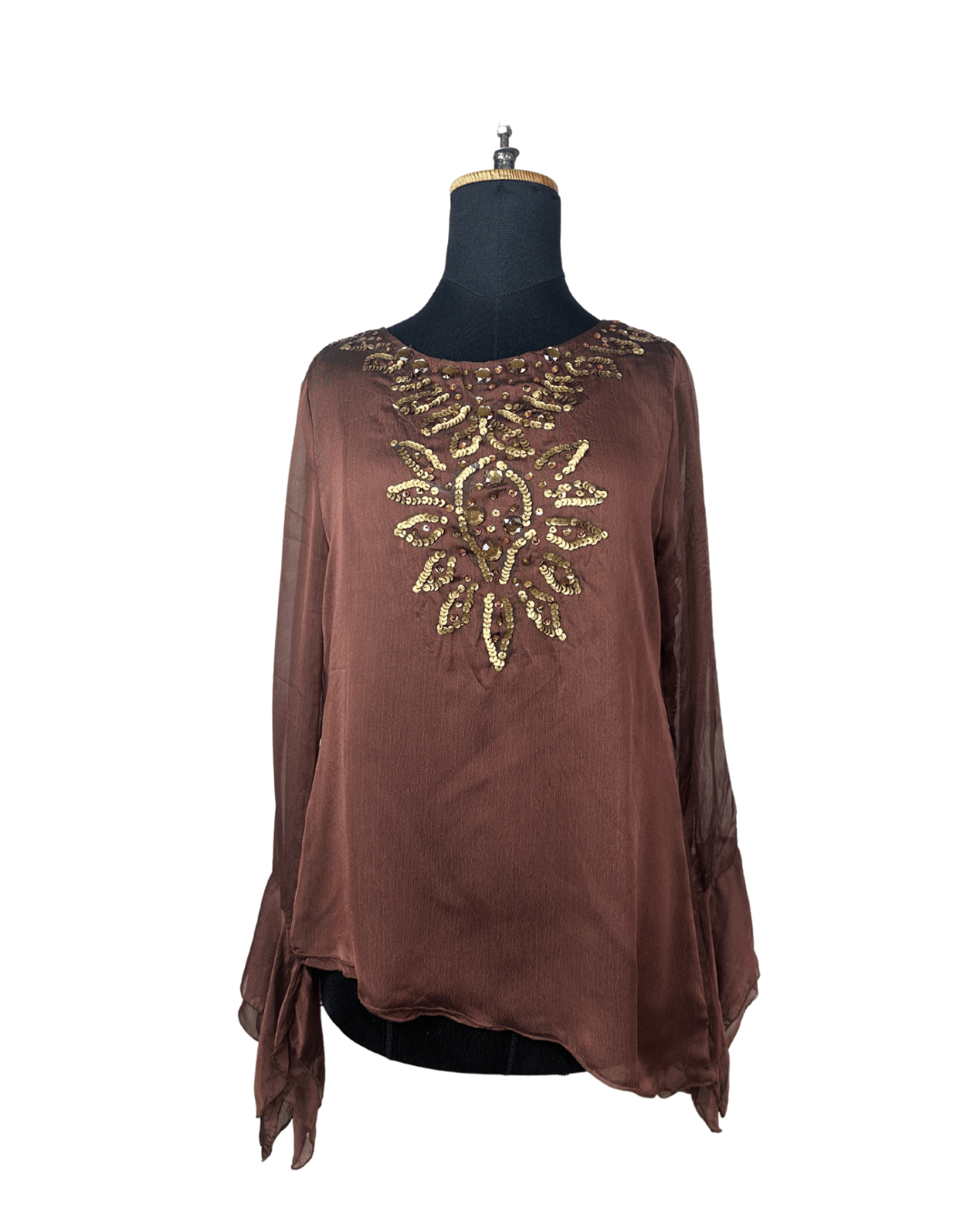 Sequin Embroidered Asymmetrical Blouse with Bell Sleeves - Funkify