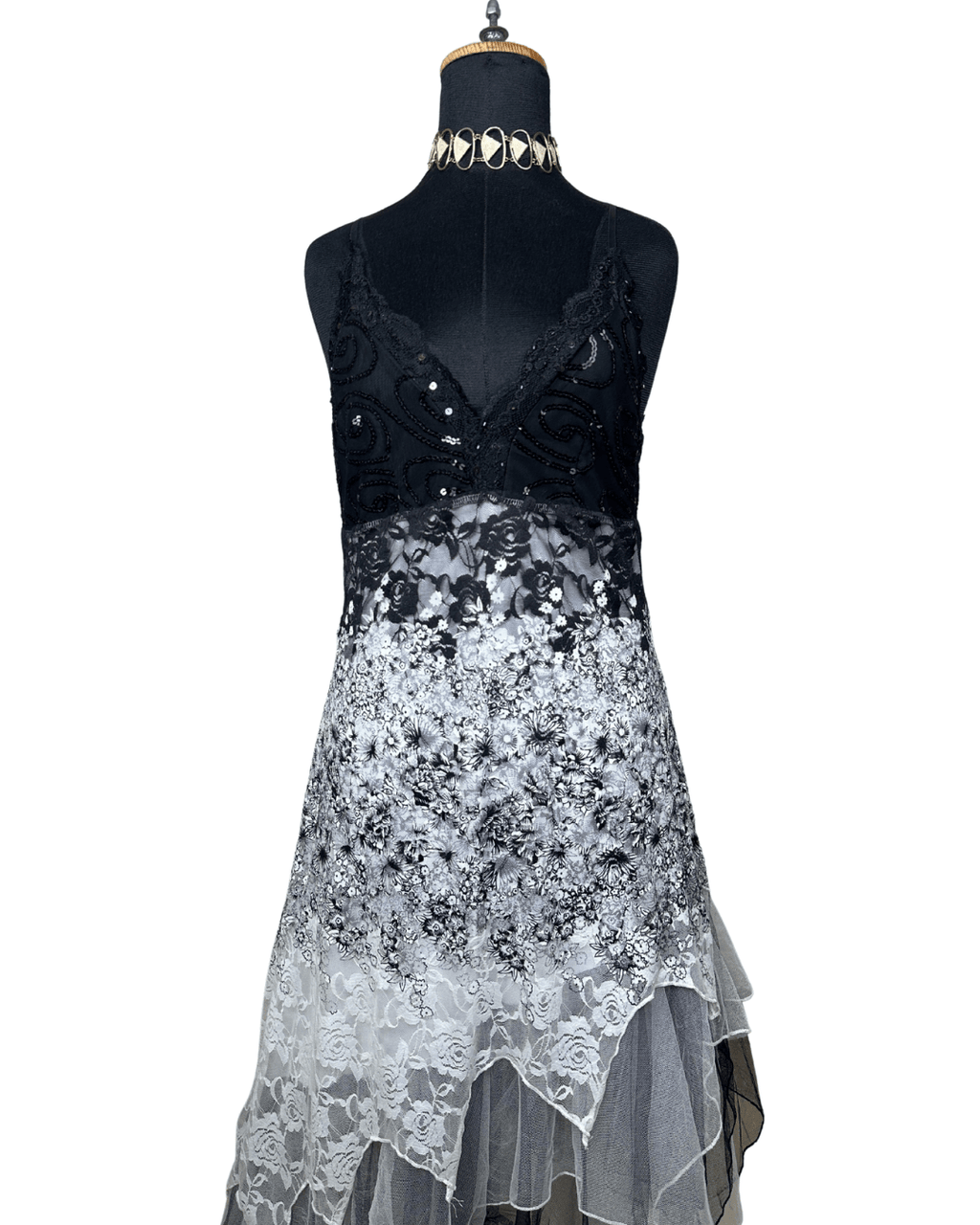 Sequined Lace Maxi Dress with Asymmetrical Hem - Funkify