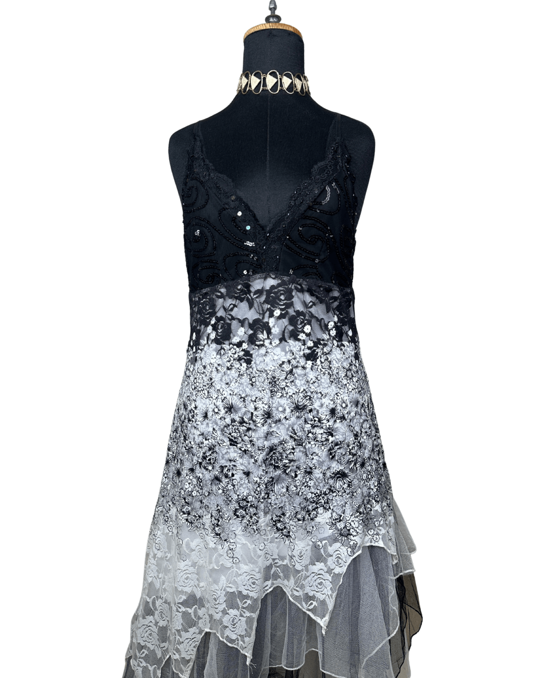 Sequined Lace Maxi Dress with Asymmetrical Hem - Funkify