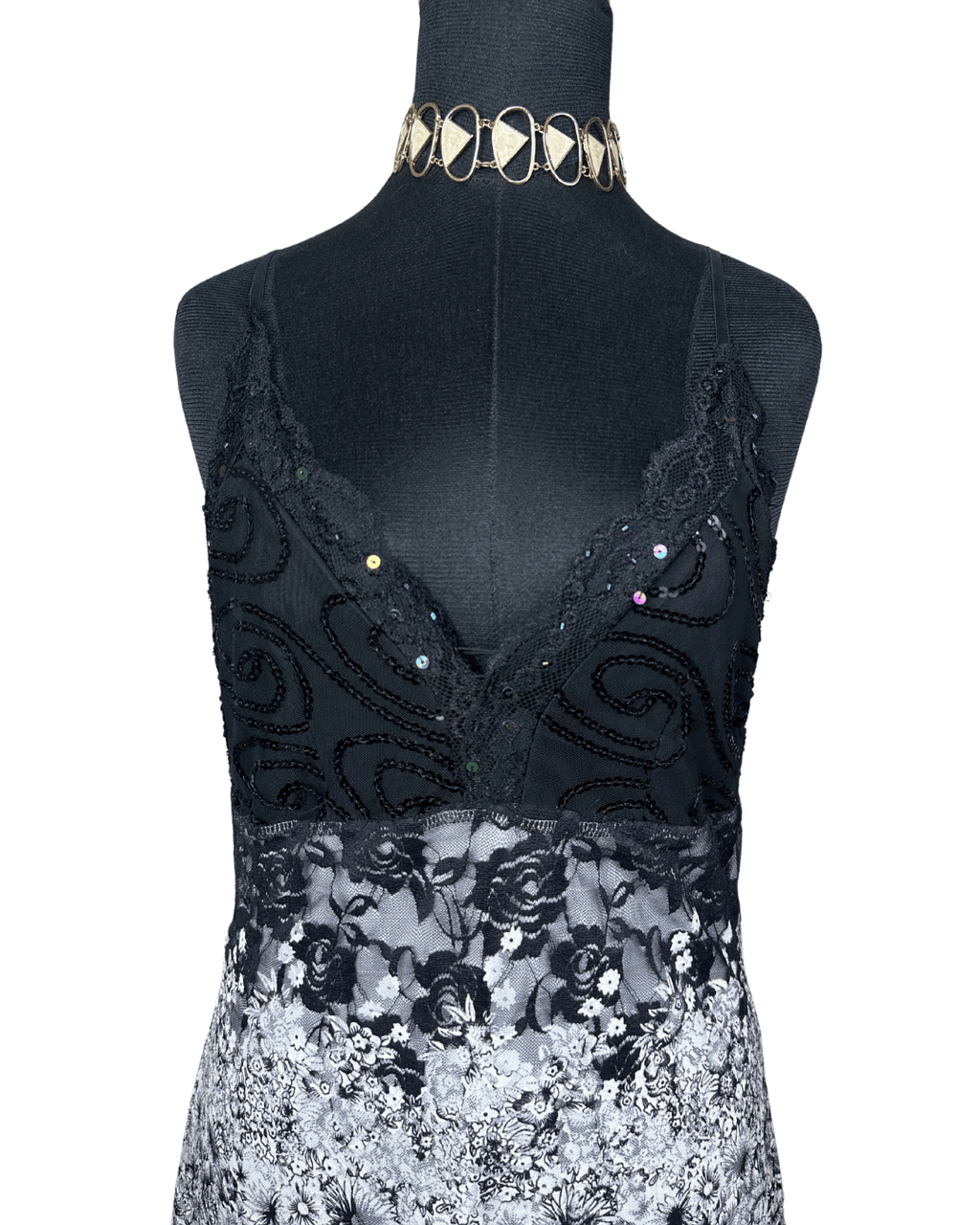 Sequined Lace Maxi Dress with Asymmetrical Hem - Funkify
