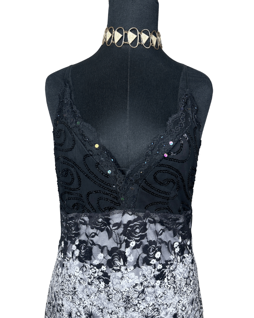 Sequined Lace Maxi Dress with Asymmetrical Hem - Funkify