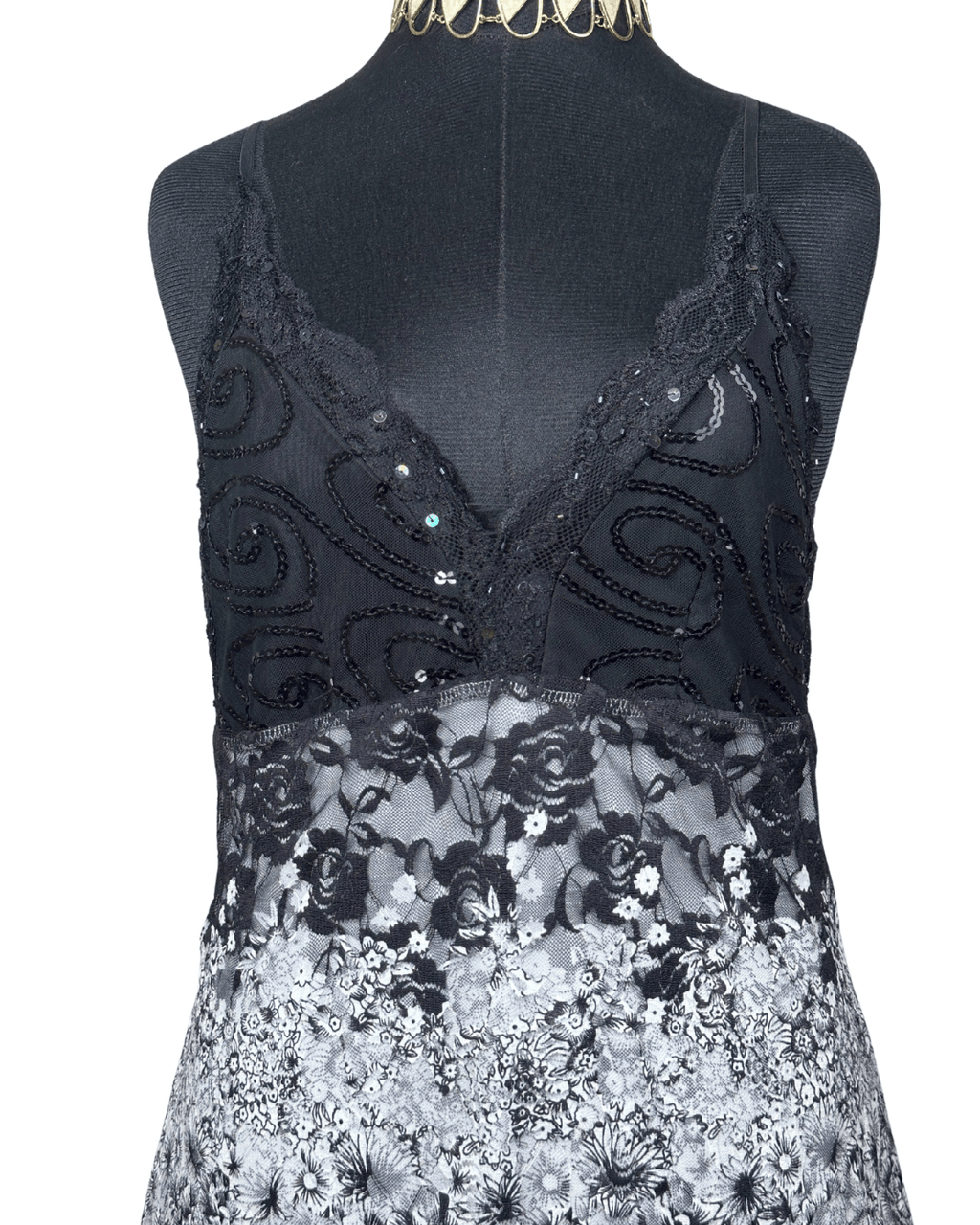 Sequined Lace Maxi Dress with Asymmetrical Hem - Funkify