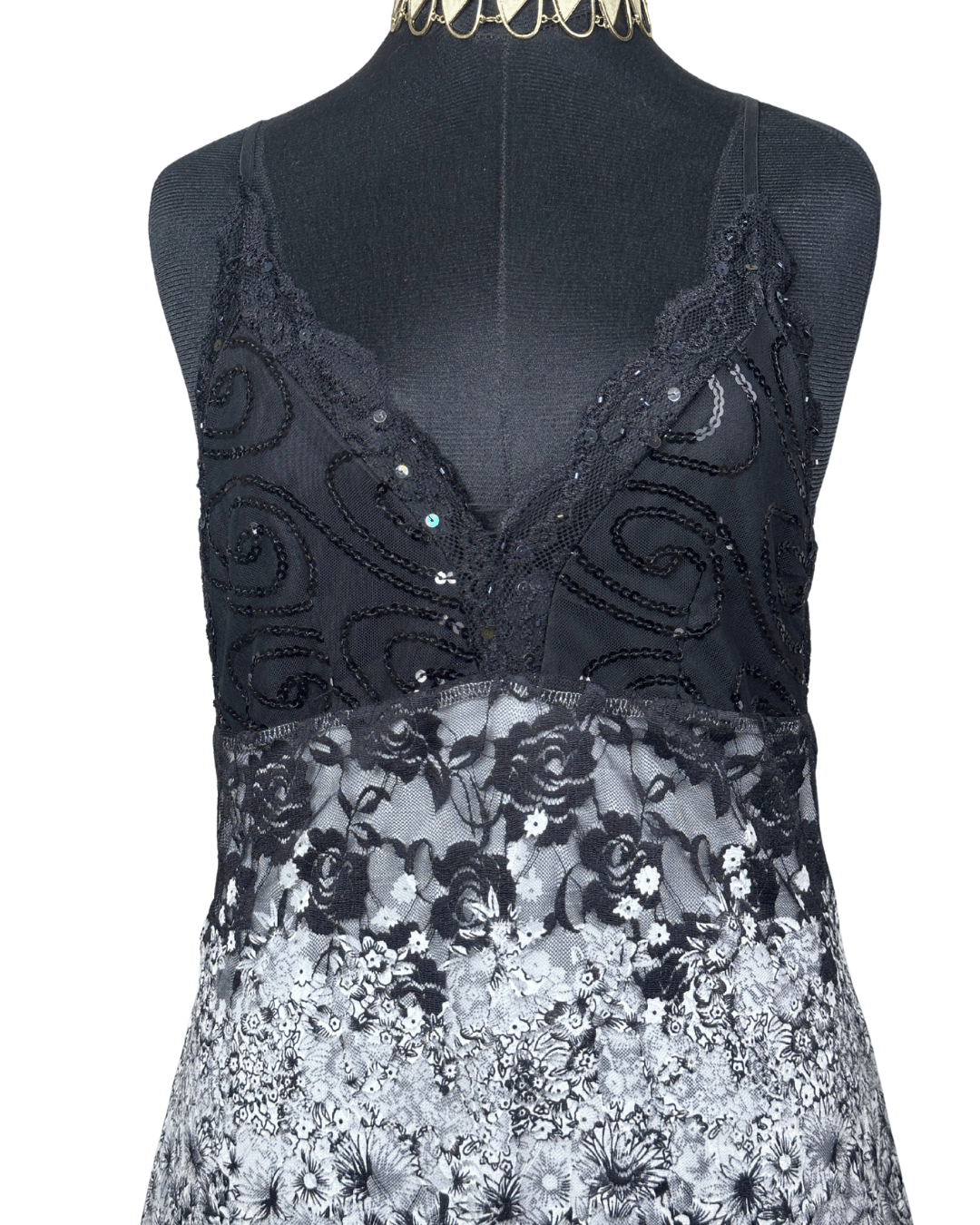 Sequined Lace Maxi Dress with Asymmetrical Hem - Funkify