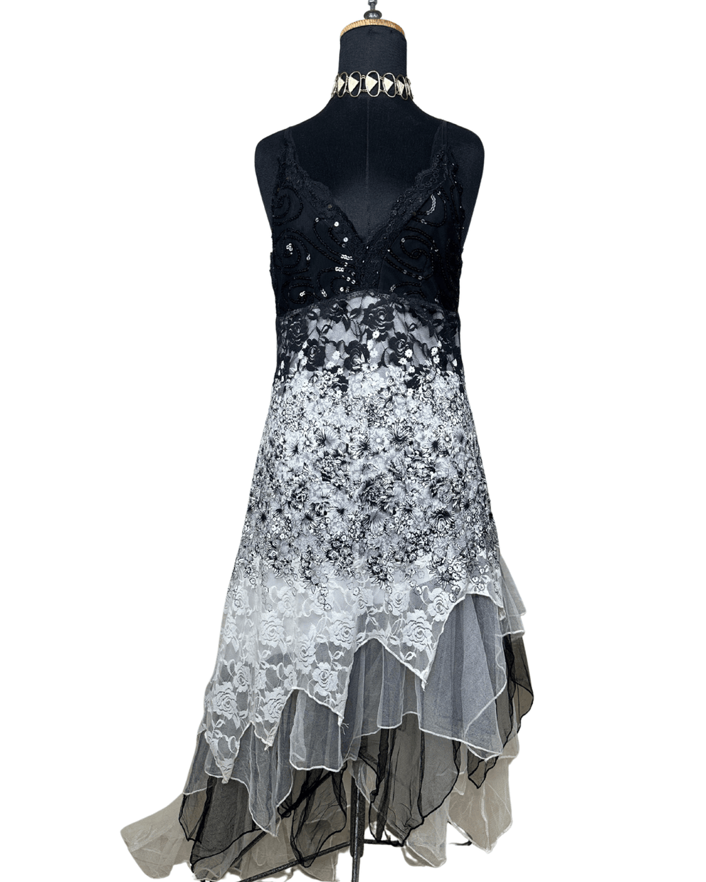 Sequined Lace Maxi Dress with Asymmetrical Hem - Funkify