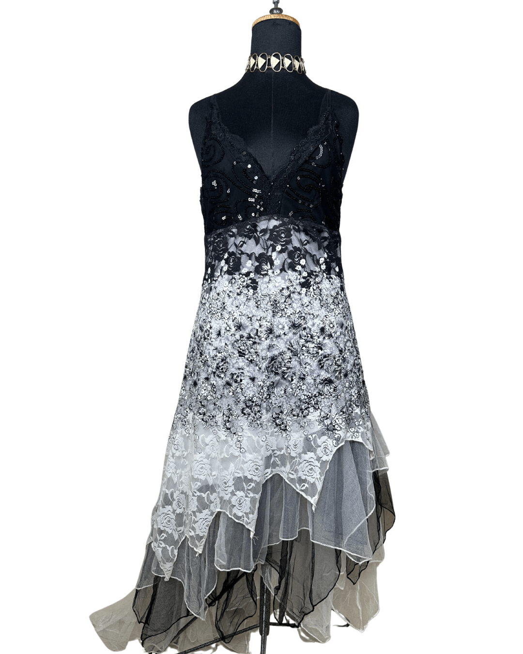 Sequined Lace Maxi Dress with Asymmetrical Hem - Funkify