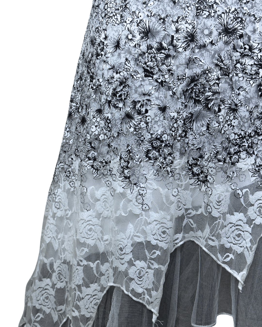 Sequined Lace Maxi Dress with Asymmetrical Hem - Funkify
