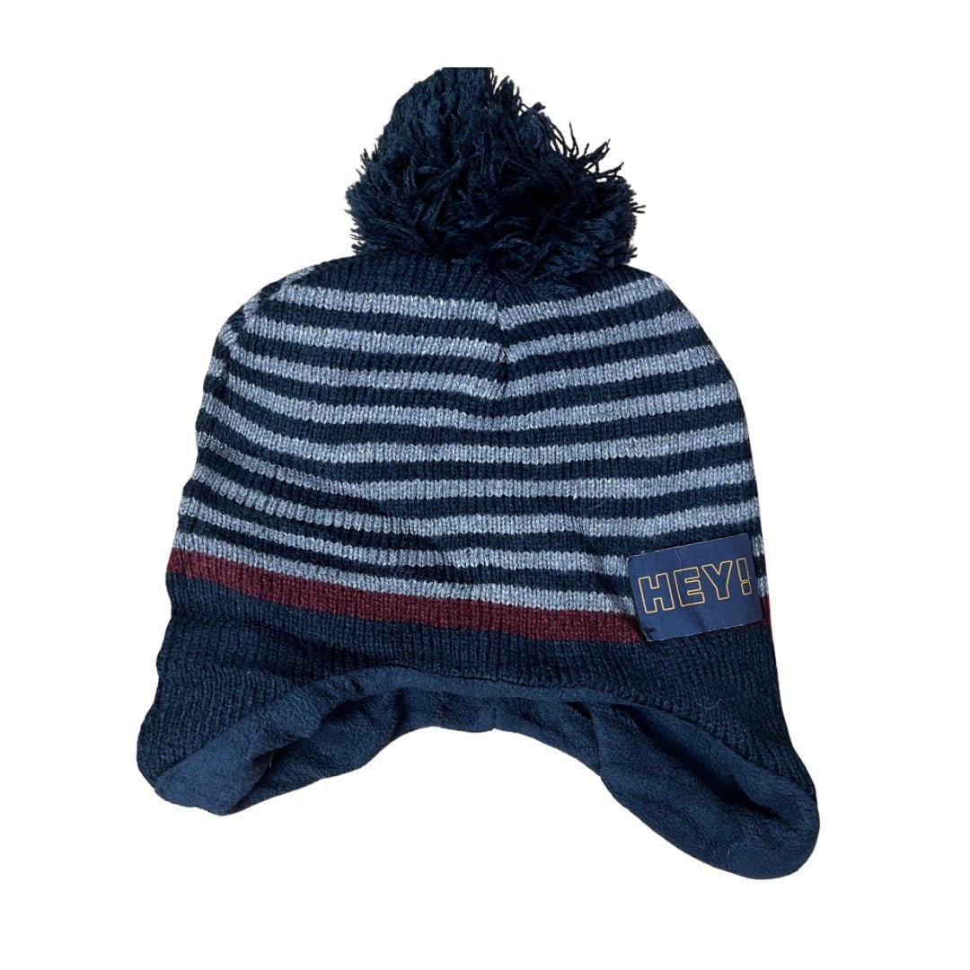Striped Beanie with Pom - Pom – “HEY!” Patch - Funkify