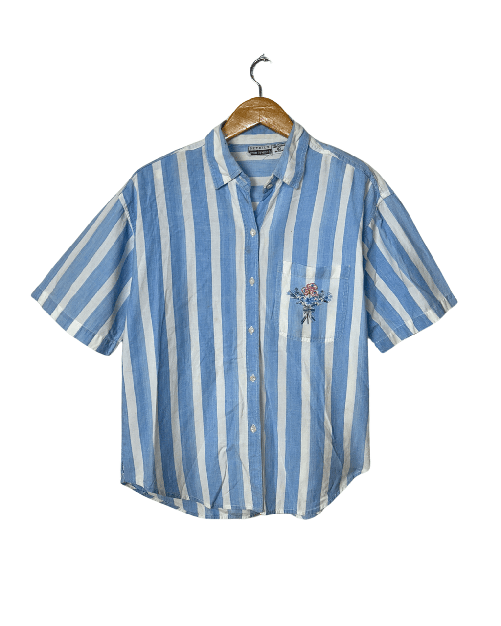 Striped Shirt with Floral Embroidery Detail Medium - Funkify