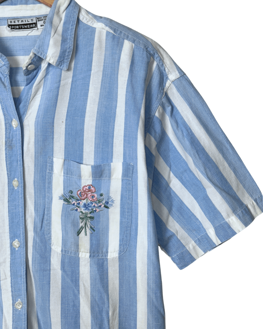 Striped Shirt with Floral Embroidery Detail Medium - Funkify
