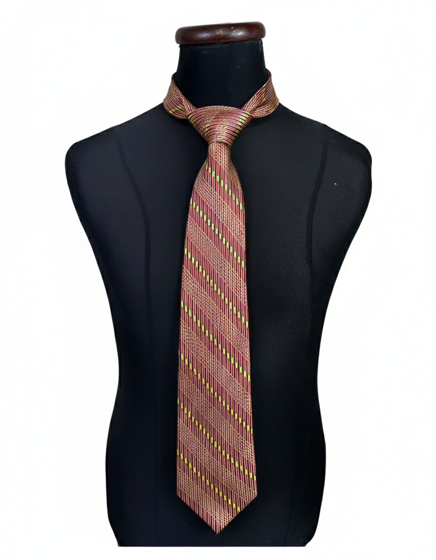 Patterned tie on a black mannequin torso against a white background