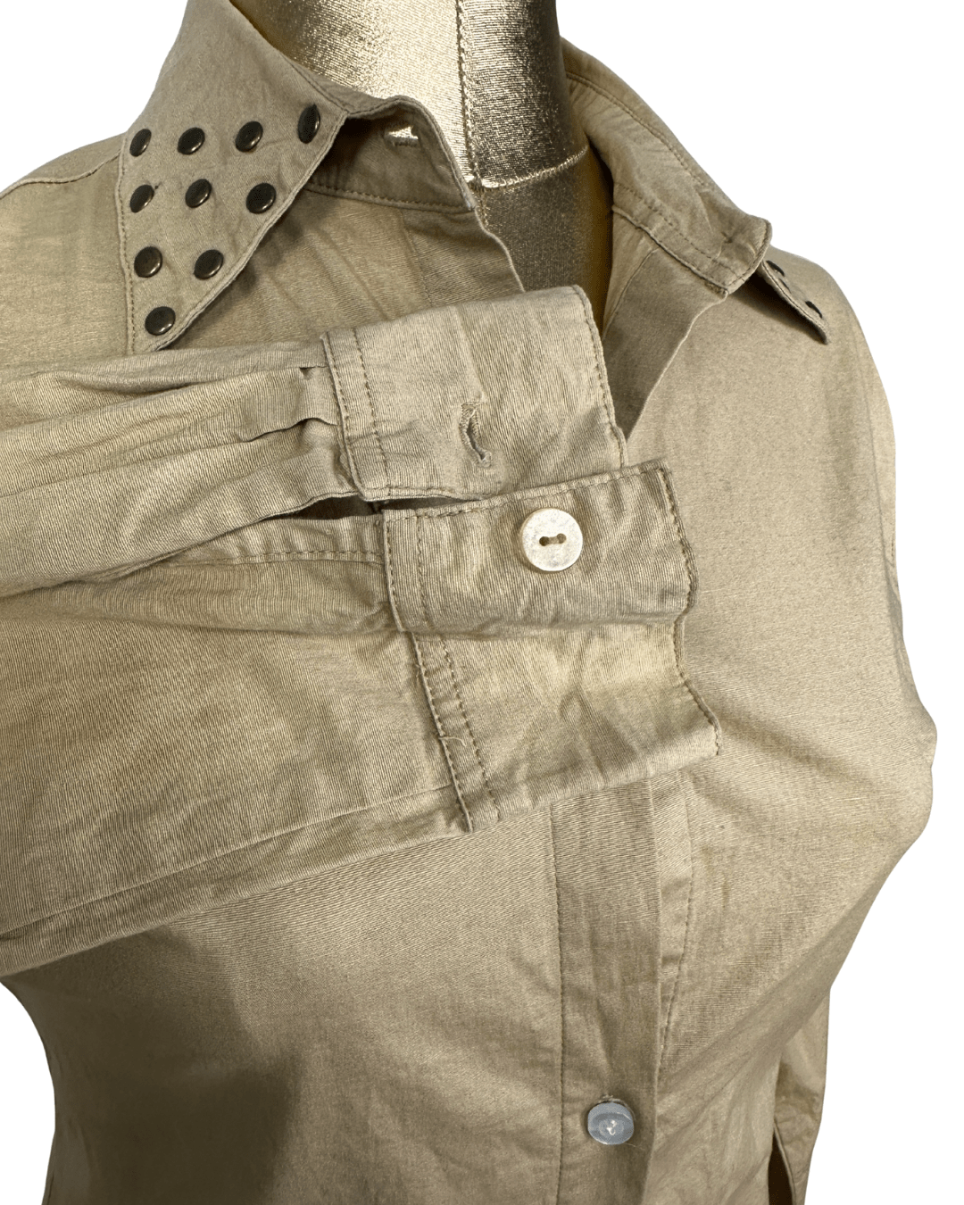 Tan Fitted Shirt w/ Studded Shoulders - Small - Funkify