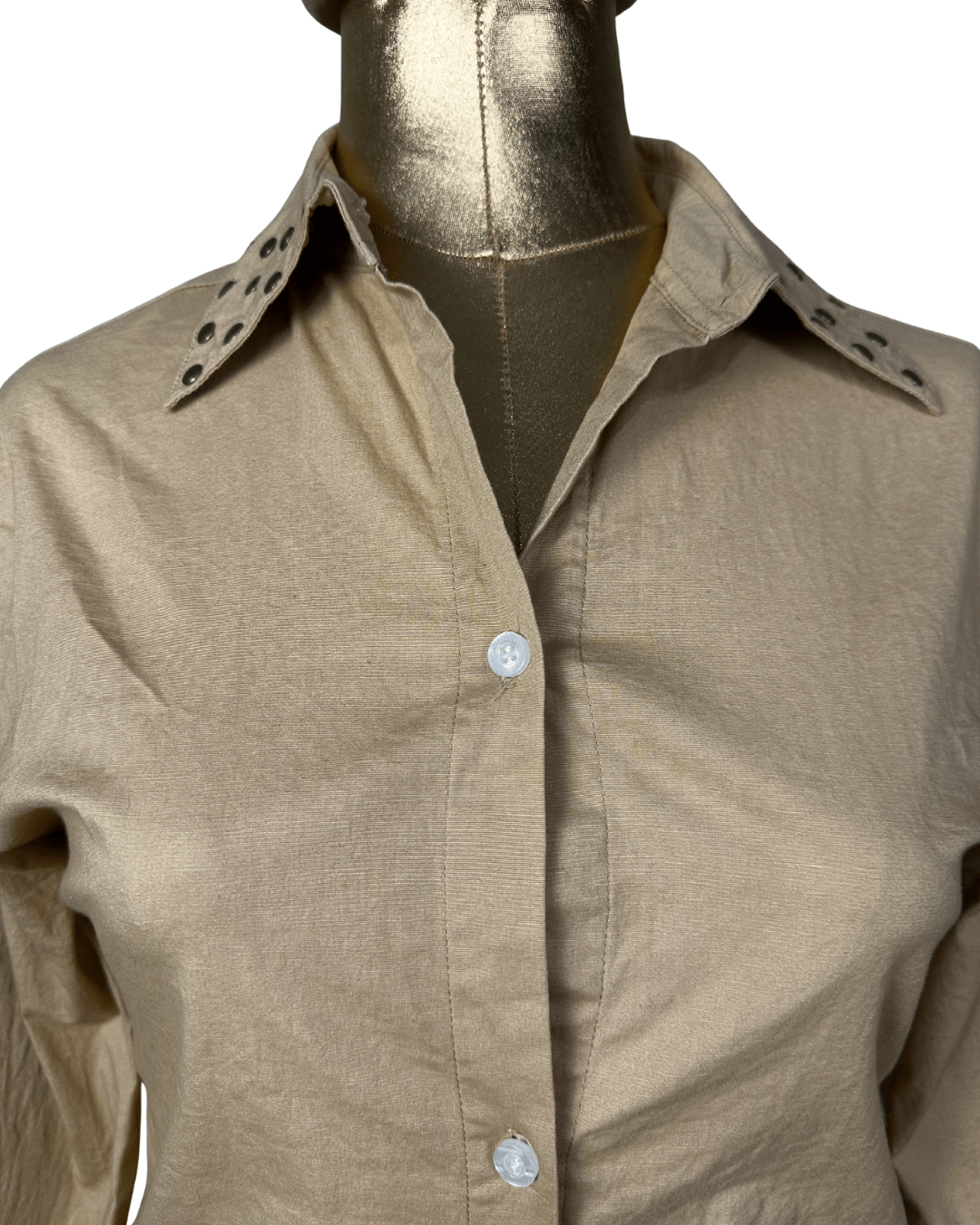 Tan Fitted Shirt w/ Studded Shoulders - Small - Funkify