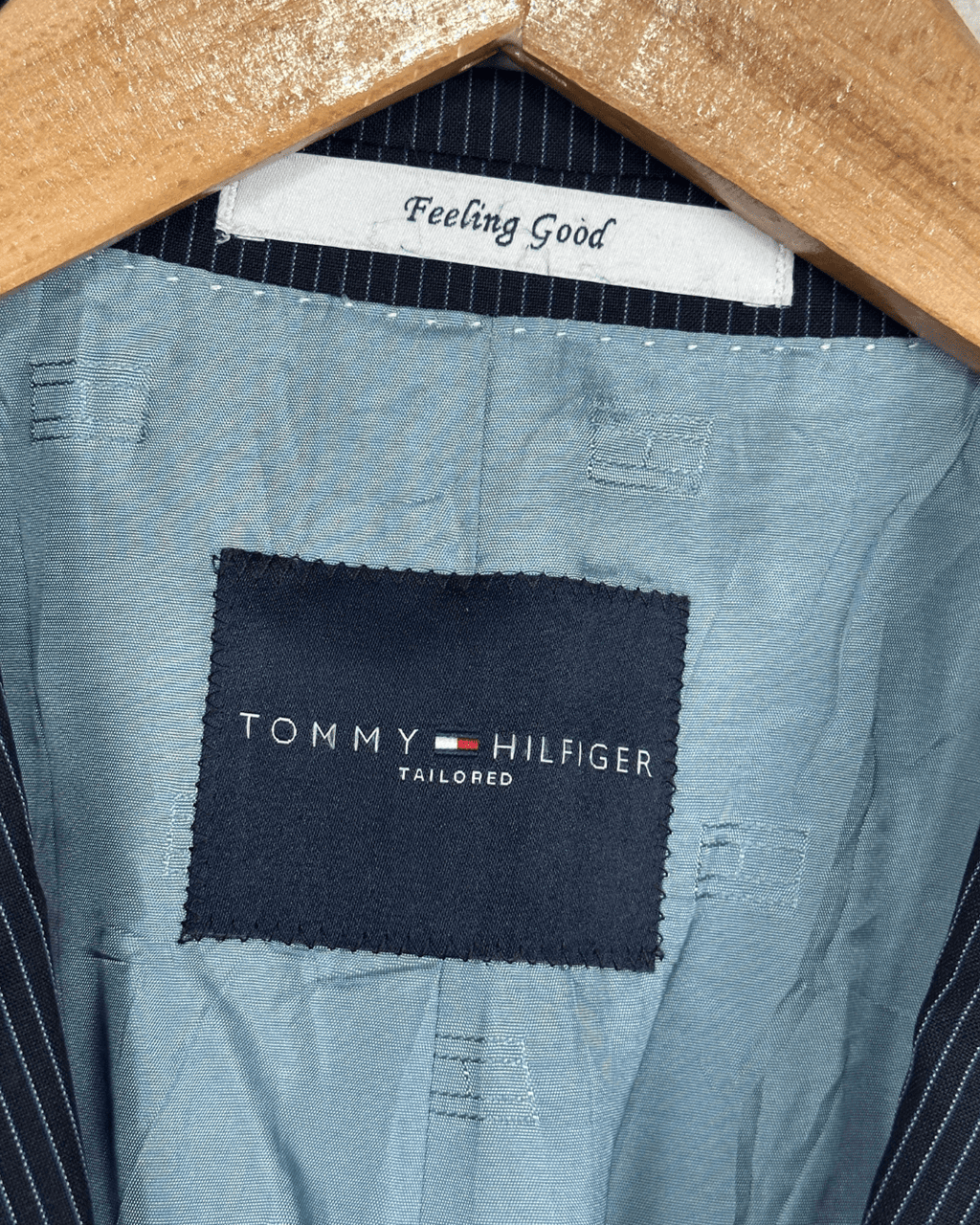 Tommy Hilfiger Feeling Good Tailored Wool Pinstripe Navy Blazer - Size 54 - Funkify
