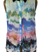 Tropical Palm Print Sleeveless Button - Up Shirt Small - Funkify