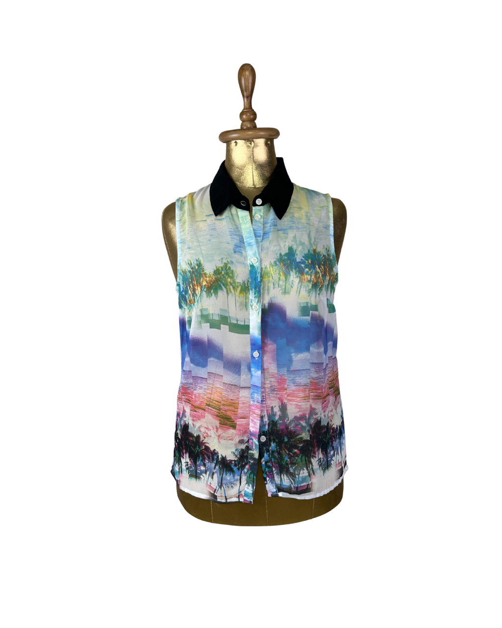 Tropical Palm Print Sleeveless Button - Up Shirt Small - Funkify