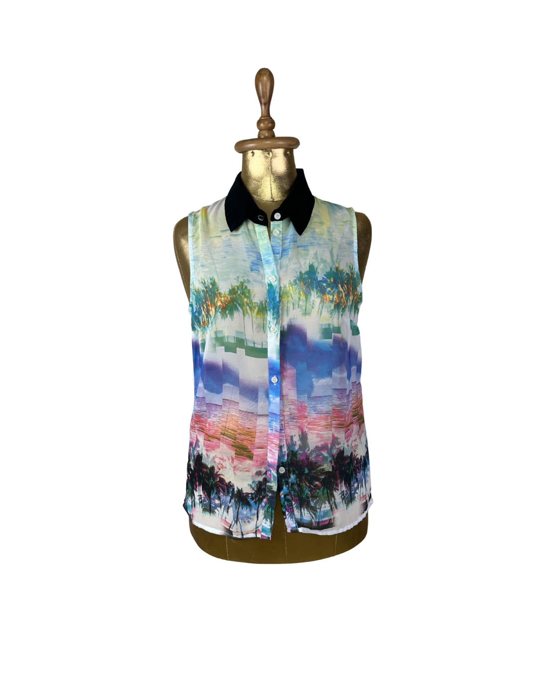 Tropical Palm Print Sleeveless Button - Up Shirt Small - Funkify