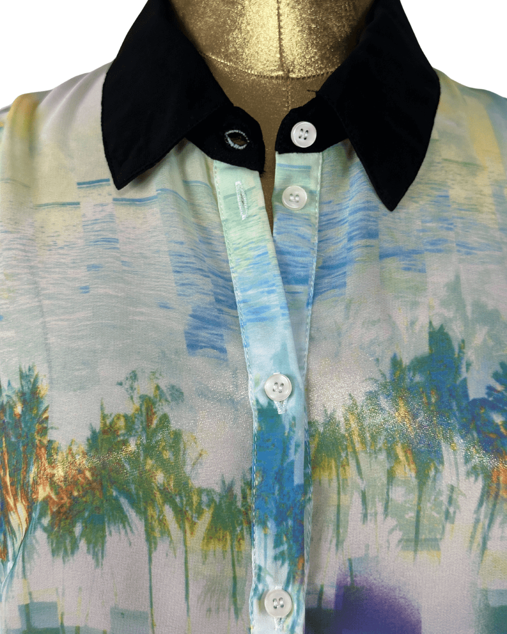 Tropical Palm Print Sleeveless Button - Up Shirt Small - Funkify