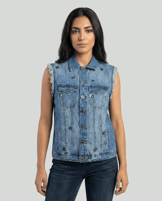 Twist Embellished Denim Vest with Raw Edges - Funkify
