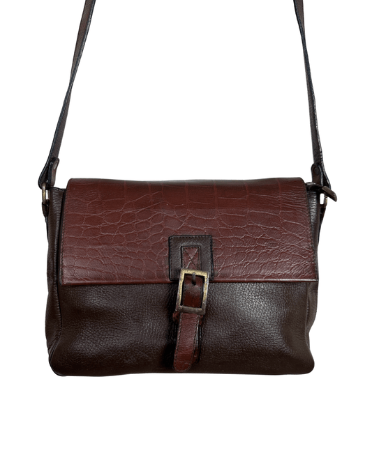 Two - Tone Brown Genuine Leather Crossbody Bag w/ Croc - Embossed Flap - Funkify