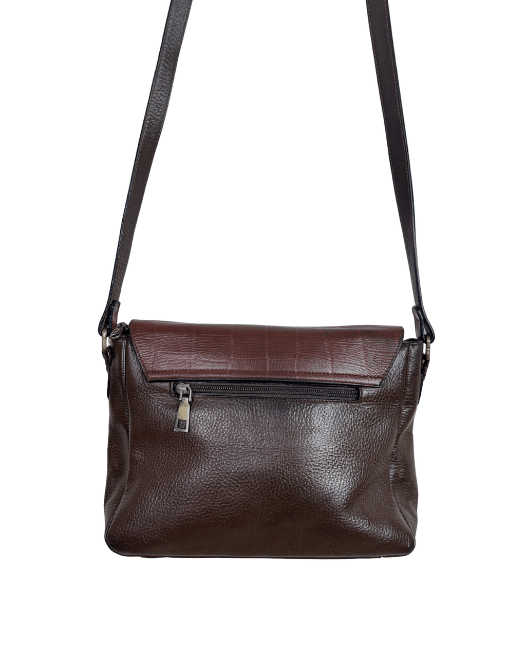 Two - Tone Brown Genuine Leather Crossbody Bag w/ Croc - Embossed Flap - Funkify