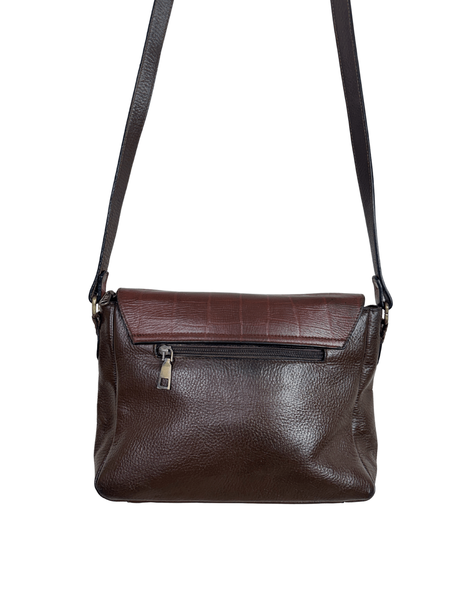 Two - Tone Brown Genuine Leather Crossbody Bag w/ Croc - Embossed Flap - Funkify