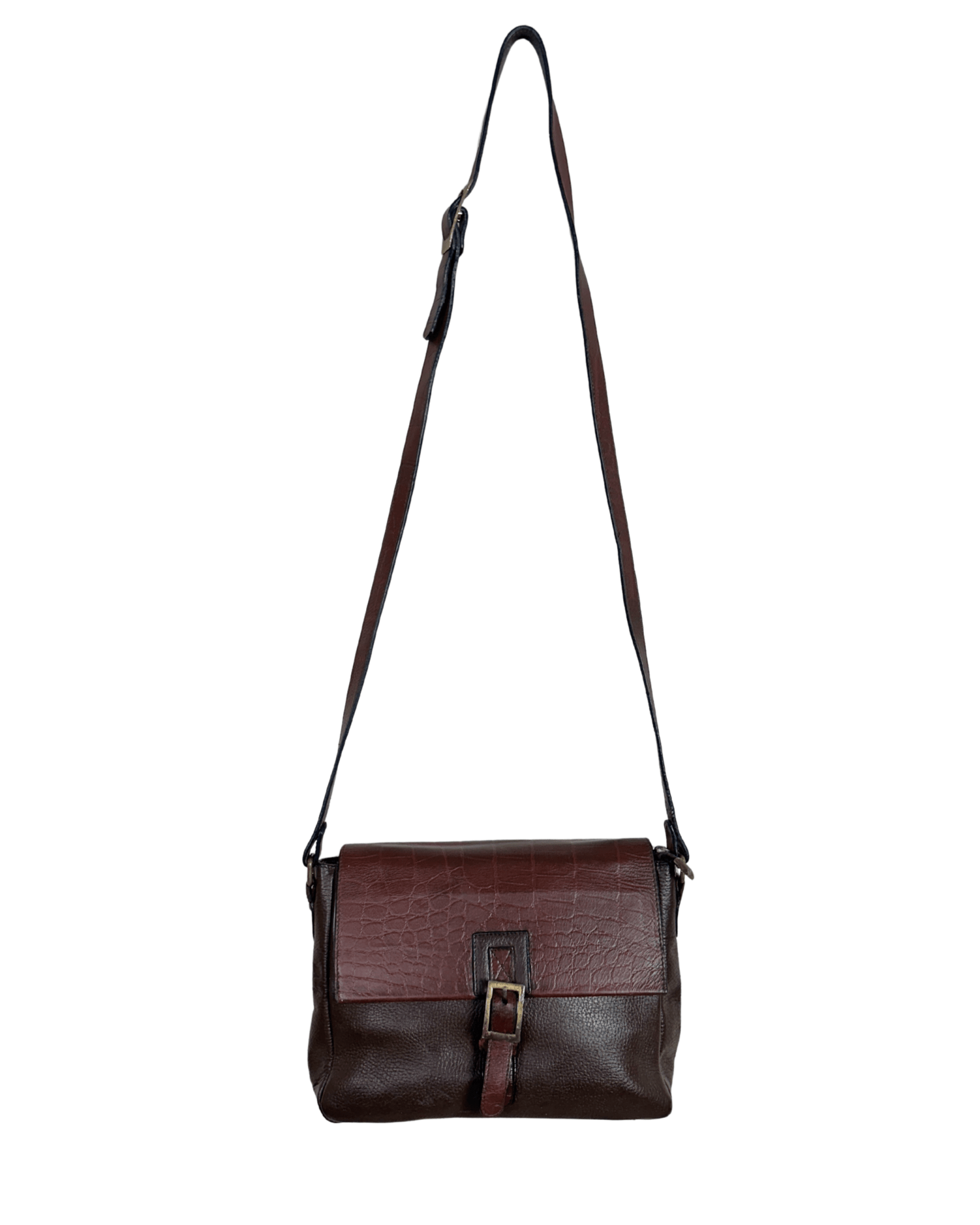 Two - Tone Brown Genuine Leather Crossbody Bag w/ Croc - Embossed Flap - Funkify