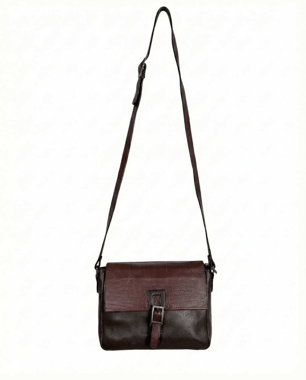 Two - Tone Brown Genuine Leather Crossbody Bag w/ Croc - Embossed Flap - Funkify