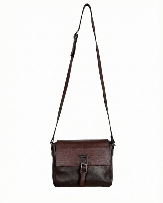 Two - Tone Brown Genuine Leather Crossbody Bag w/ Croc - Embossed Flap - Funkify