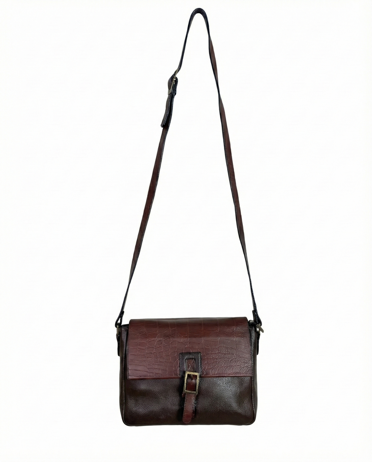 Two-Tone Brown Genuine Leather Crossbody Bag w/ Croc-Embossed Flap
