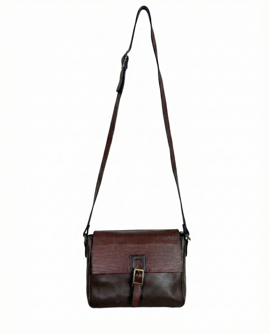 Two-Tone Brown Genuine Leather Crossbody Bag w/ Croc-Embossed Flap
