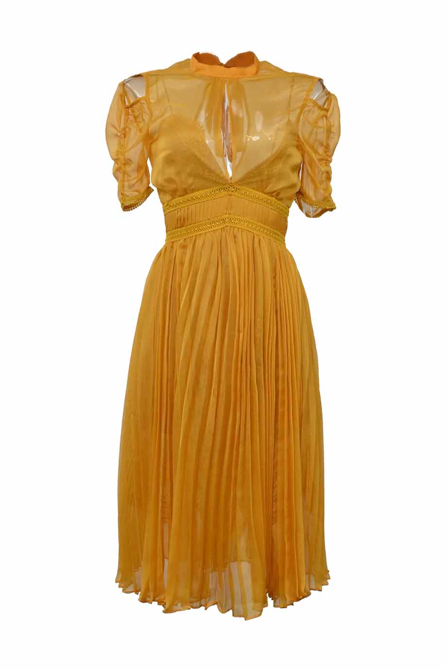 Self-Portrait Mustard Cold-Shoulder Chiffon Pleated Dress