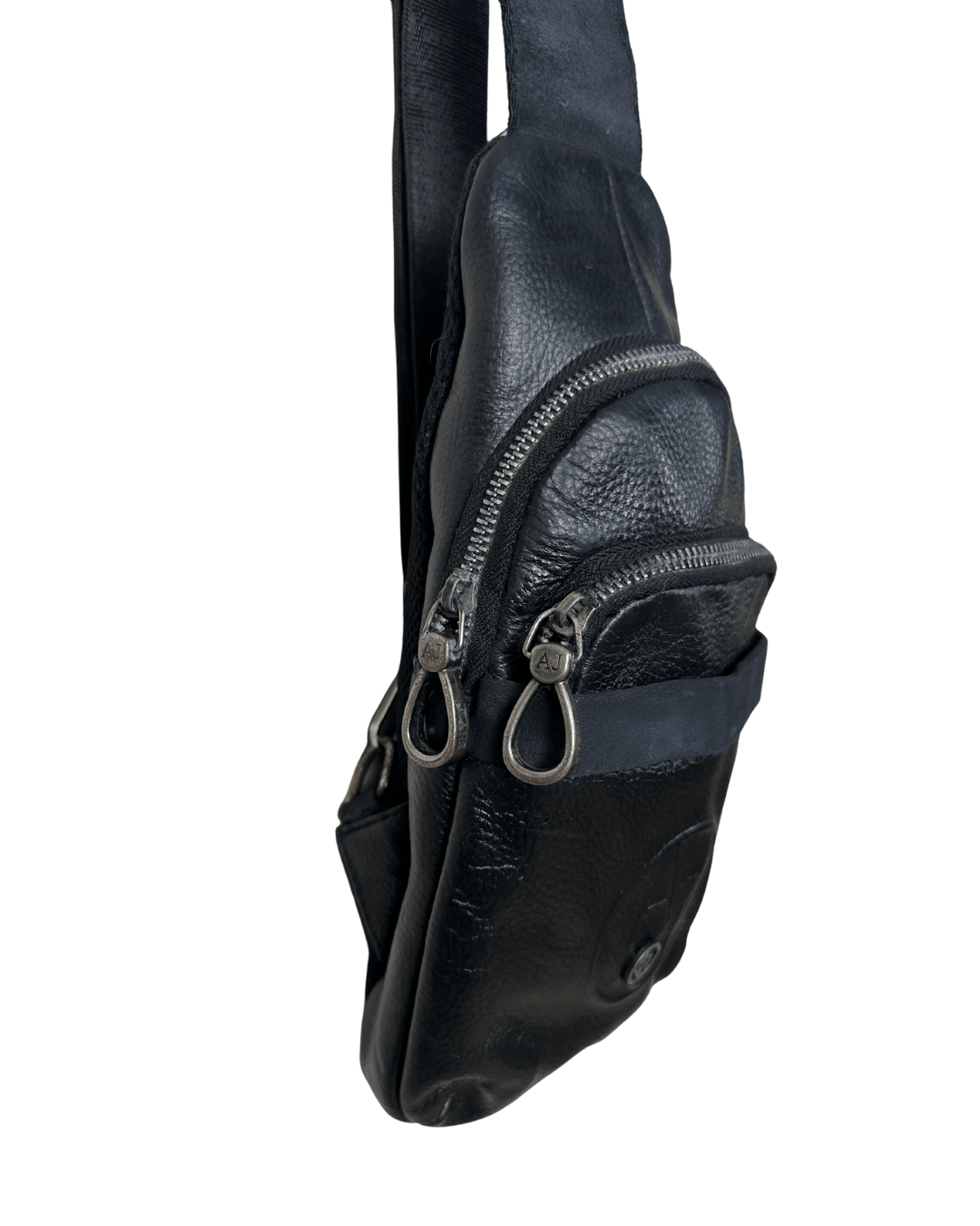 Unisex Armani Jeans Black Leather Crossbody Sling Bag - Funkify