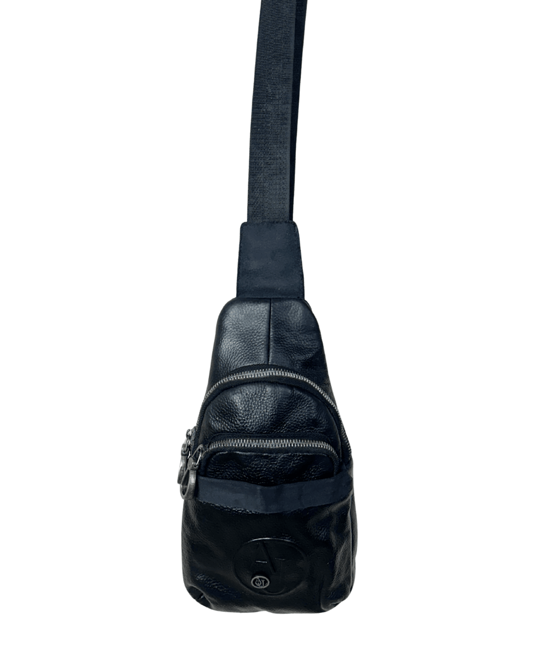Unisex Armani Jeans Black Leather Crossbody Sling Bag - Funkify