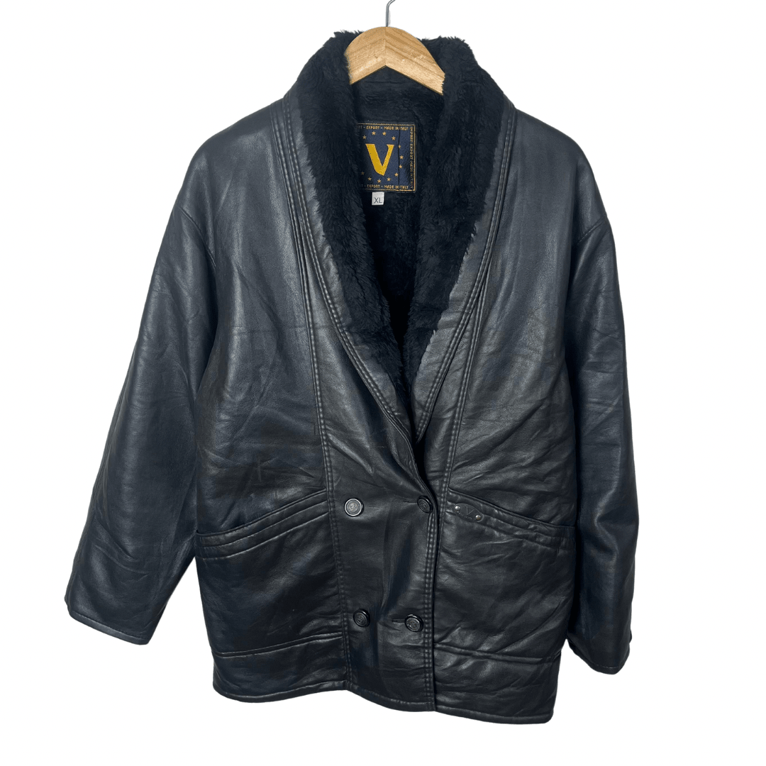 V Italian Fur Collar Genuine Leather Jacket XL - Funkify