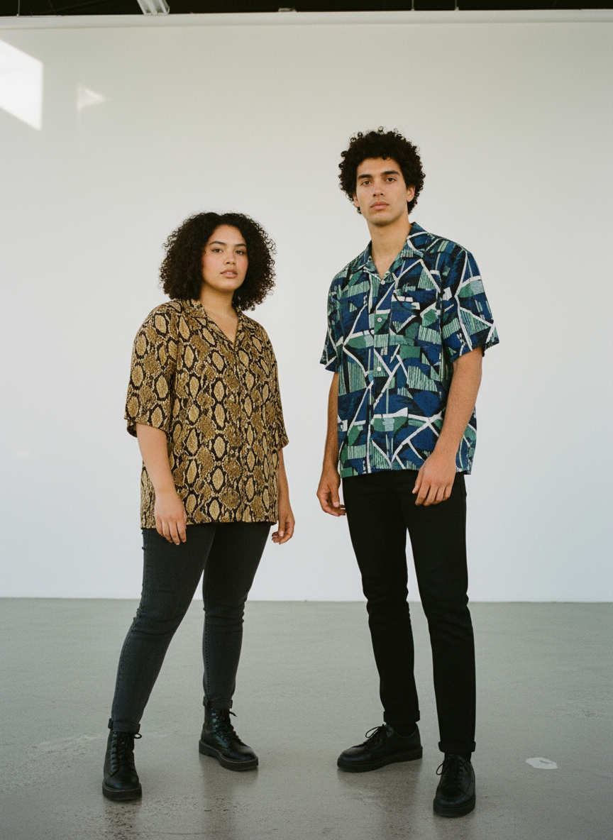Two people standing side by side against a white background