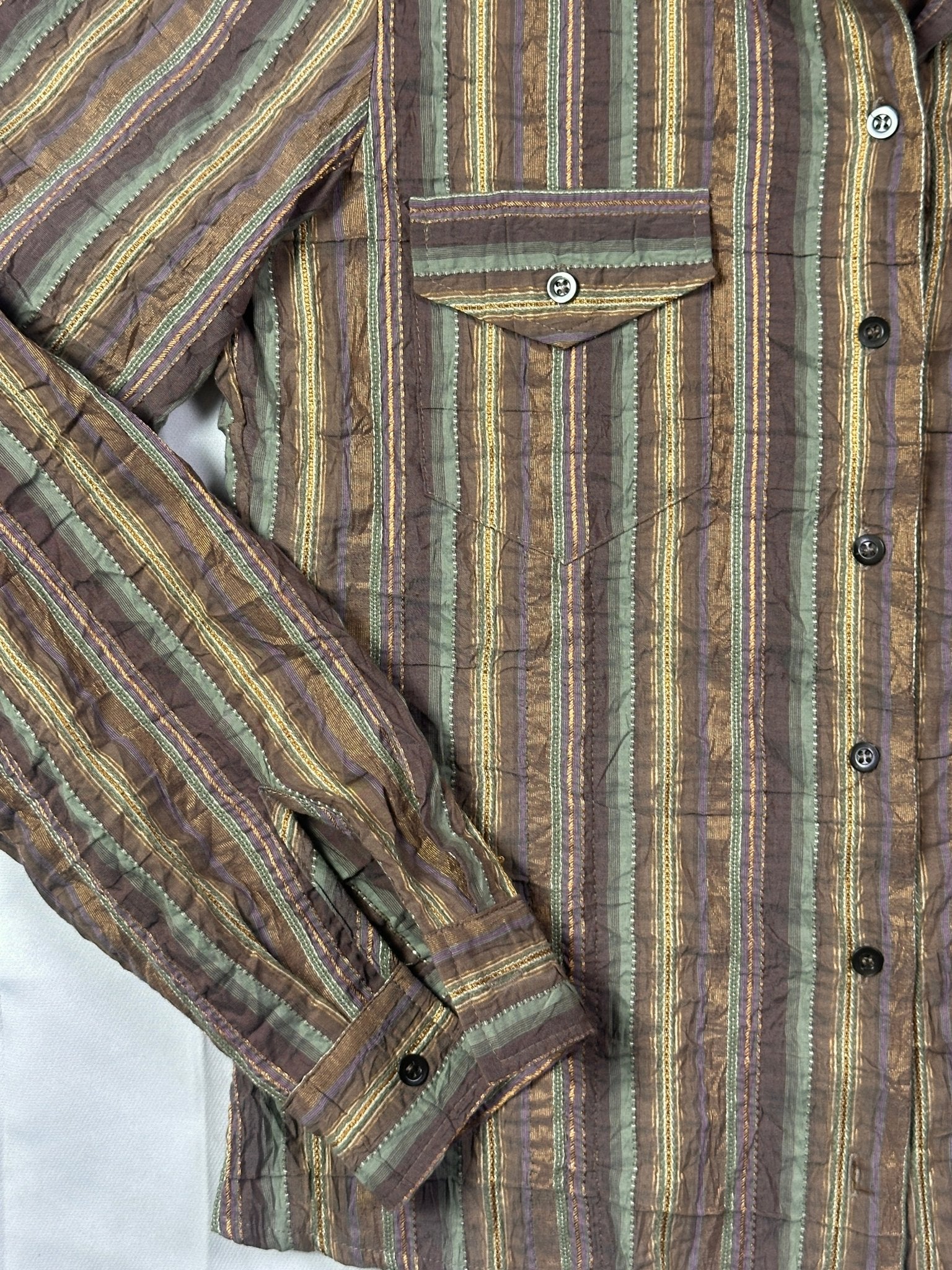 Verse Striped Fitted Shirt Drawstring Hem with Shoulder Pads - Funkify