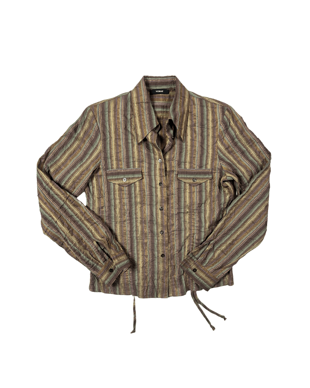 Verse Striped Fitted Shirt Drawstring Hem with Shoulder Pads - Funkify