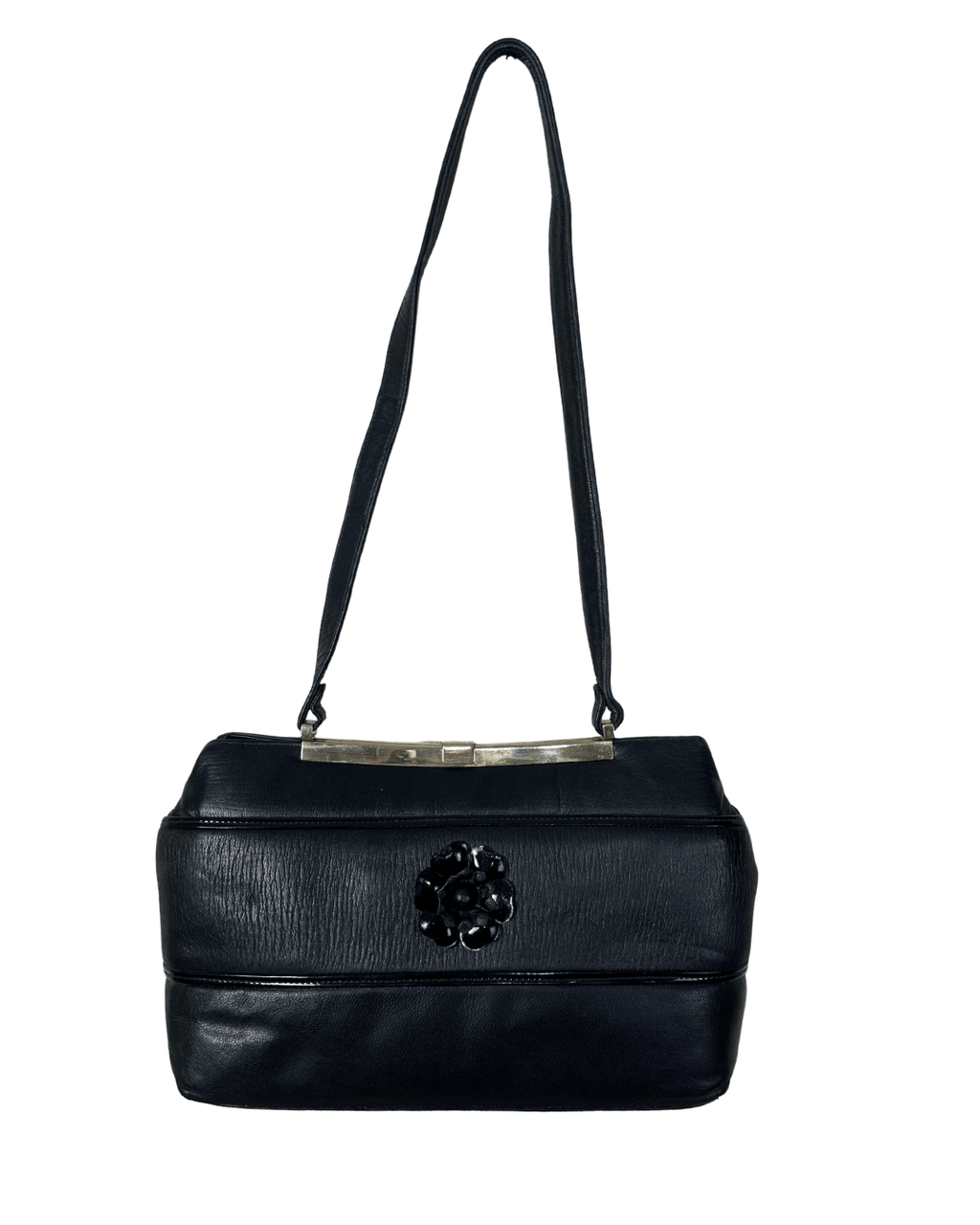Vintage 1970s Genuine Leather Shoulder Bag with Floral Accent & Brass Frame - Funkify