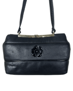 Vintage 1970s Genuine Leather Shoulder Bag with Floral Accent & Brass Frame - Funkify