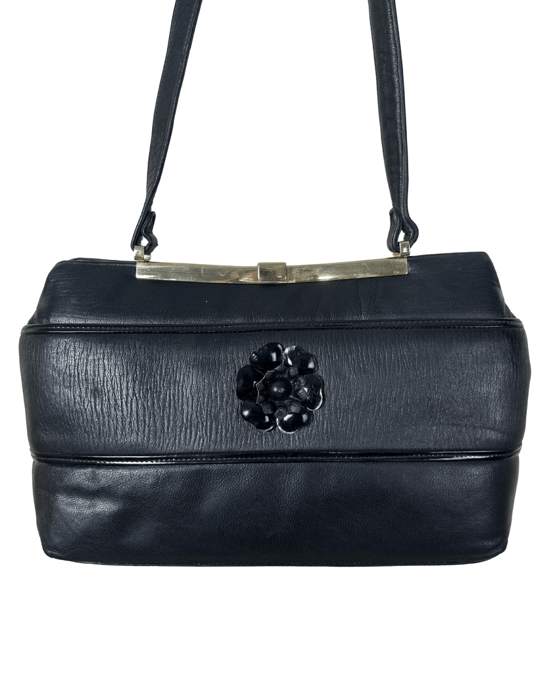 Vintage 1970s Genuine Leather Shoulder Bag with Floral Accent & Brass Frame - Funkify