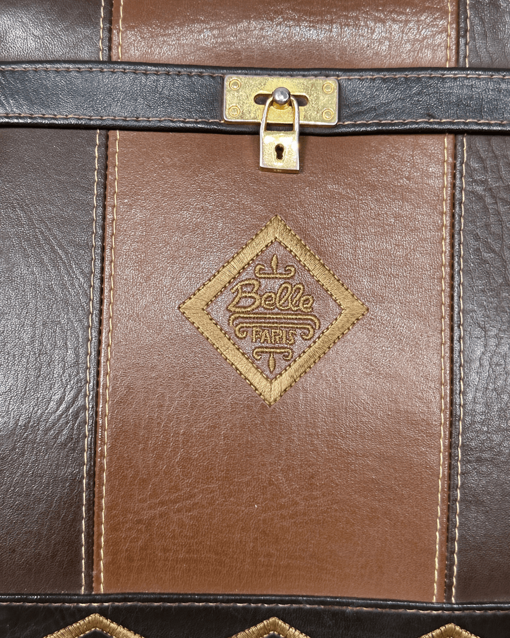 Vintage 1980s Belle Paris Brown Two - Tone Handbag with Gold Lock Detail - Funkify