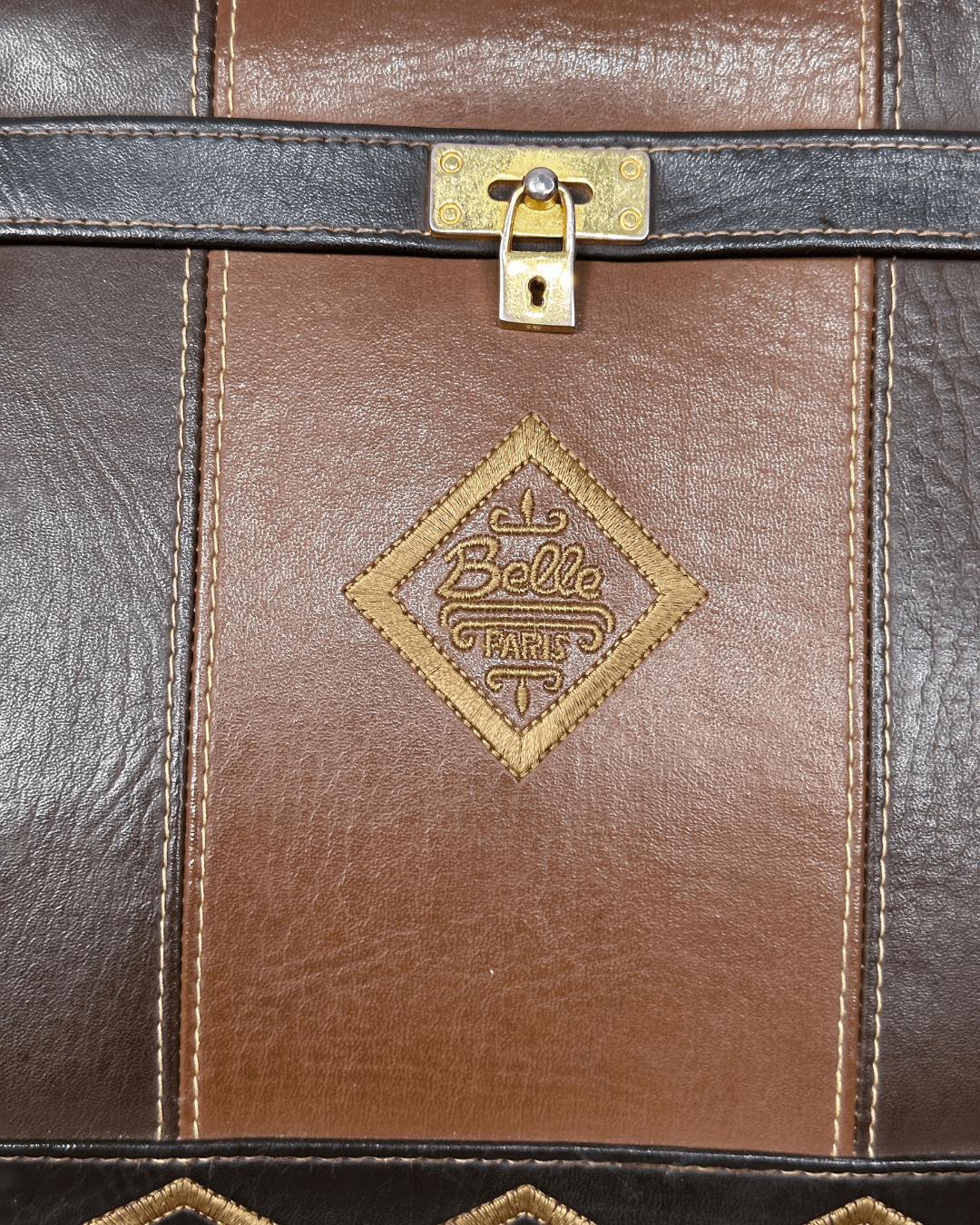 Vintage 1980s Belle Paris Brown Two - Tone Handbag with Gold Lock Detail - Funkify