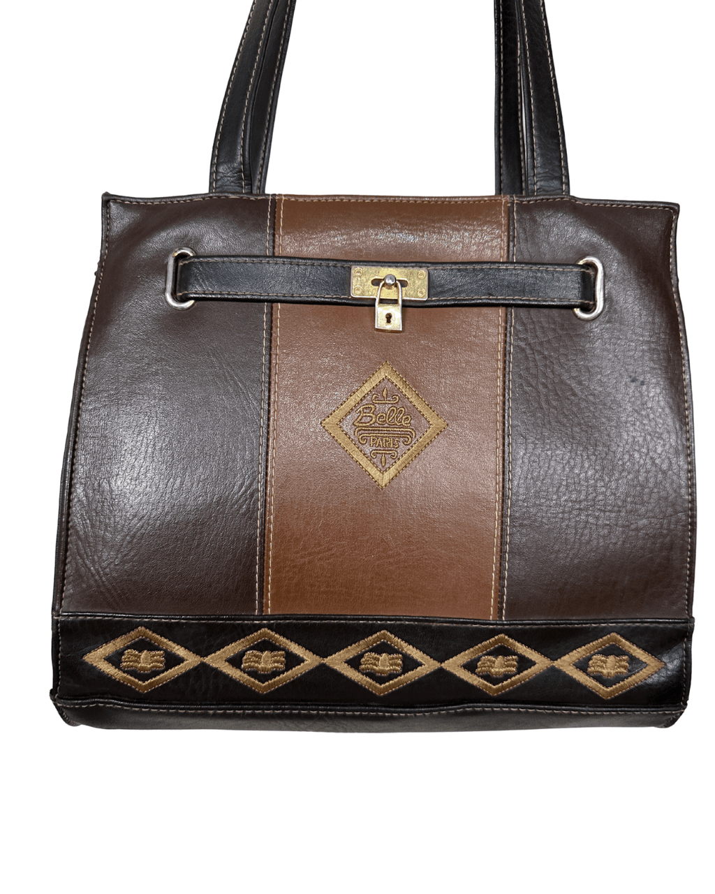 Vintage 1980s Belle Paris Brown Two - Tone Handbag with Gold Lock Detail - Funkify