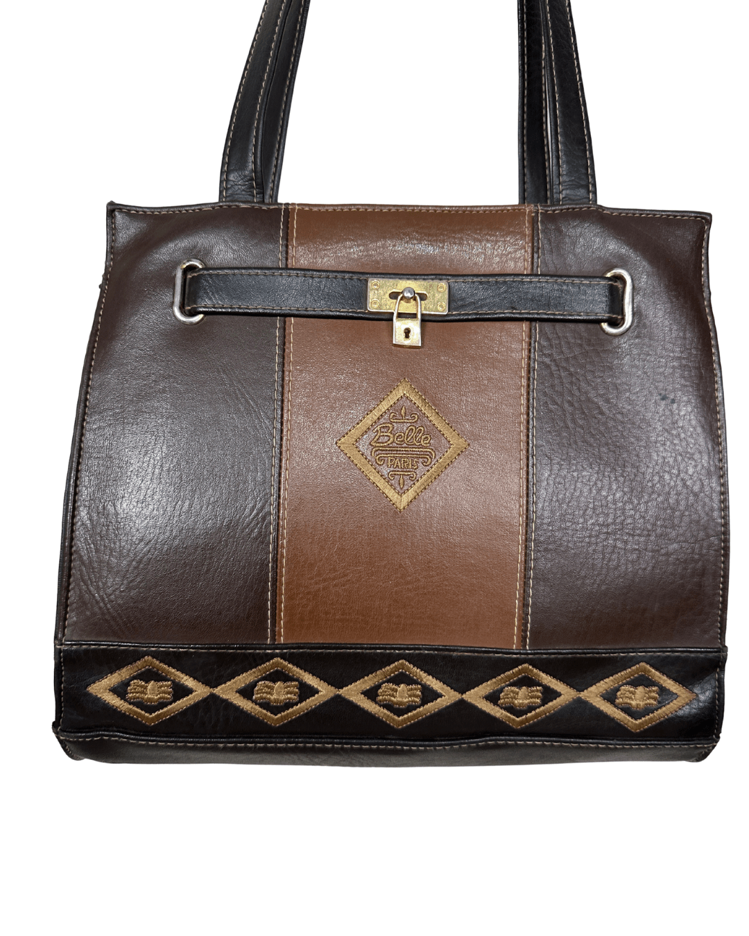 Vintage 1980s Belle Paris Brown Two - Tone Handbag with Gold Lock Detail - Funkify
